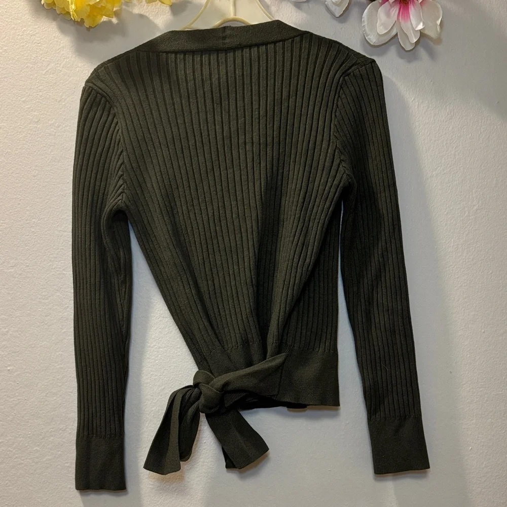Women's Ribbed Wrap Tie Cardigan - Dark Olive